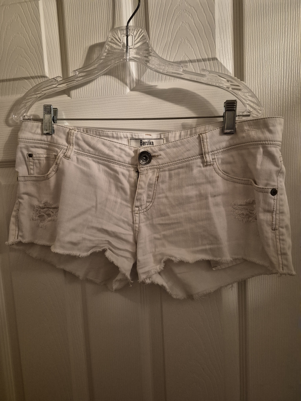 Bershka White Distressed Frayed Hem Denim Shorts